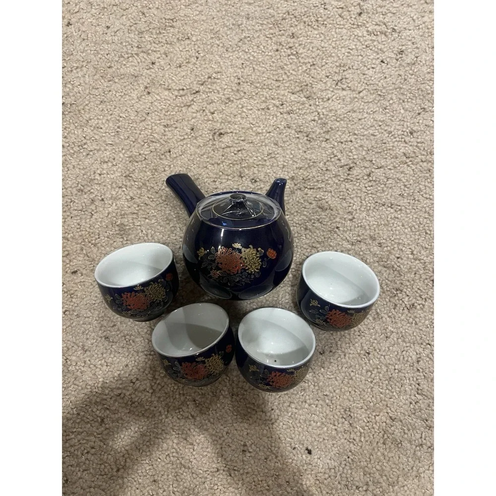 Vintage Japanese Cobalt Blue Teapot & 4 Teacup Set Double Floral Gold Rimmed - Picture 1 of 2